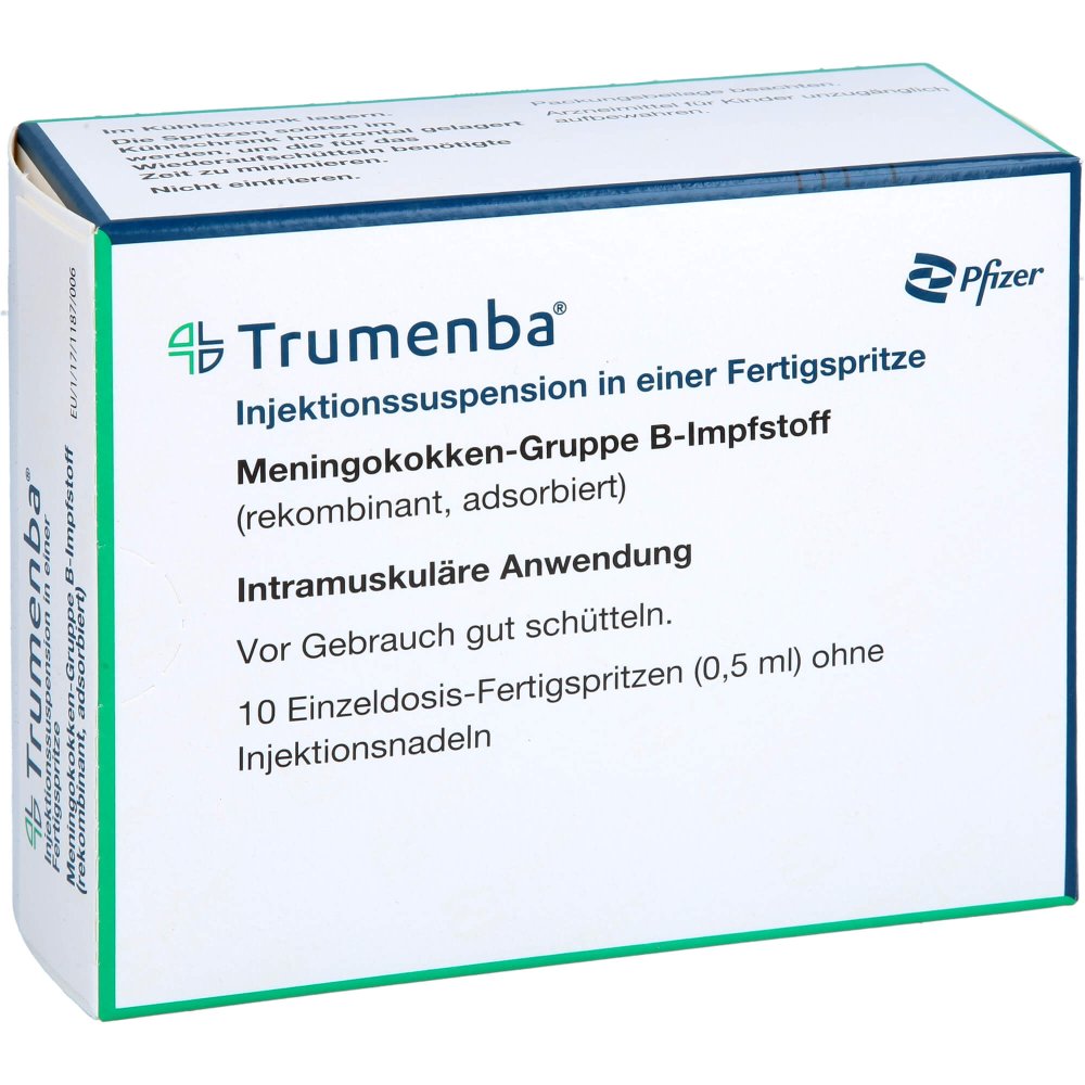 Das Produktfoto zeigt Trumenba 0,5 Ml Injektionssuspen.I.E.Fertigspritze (10 stk) PZN 12521750