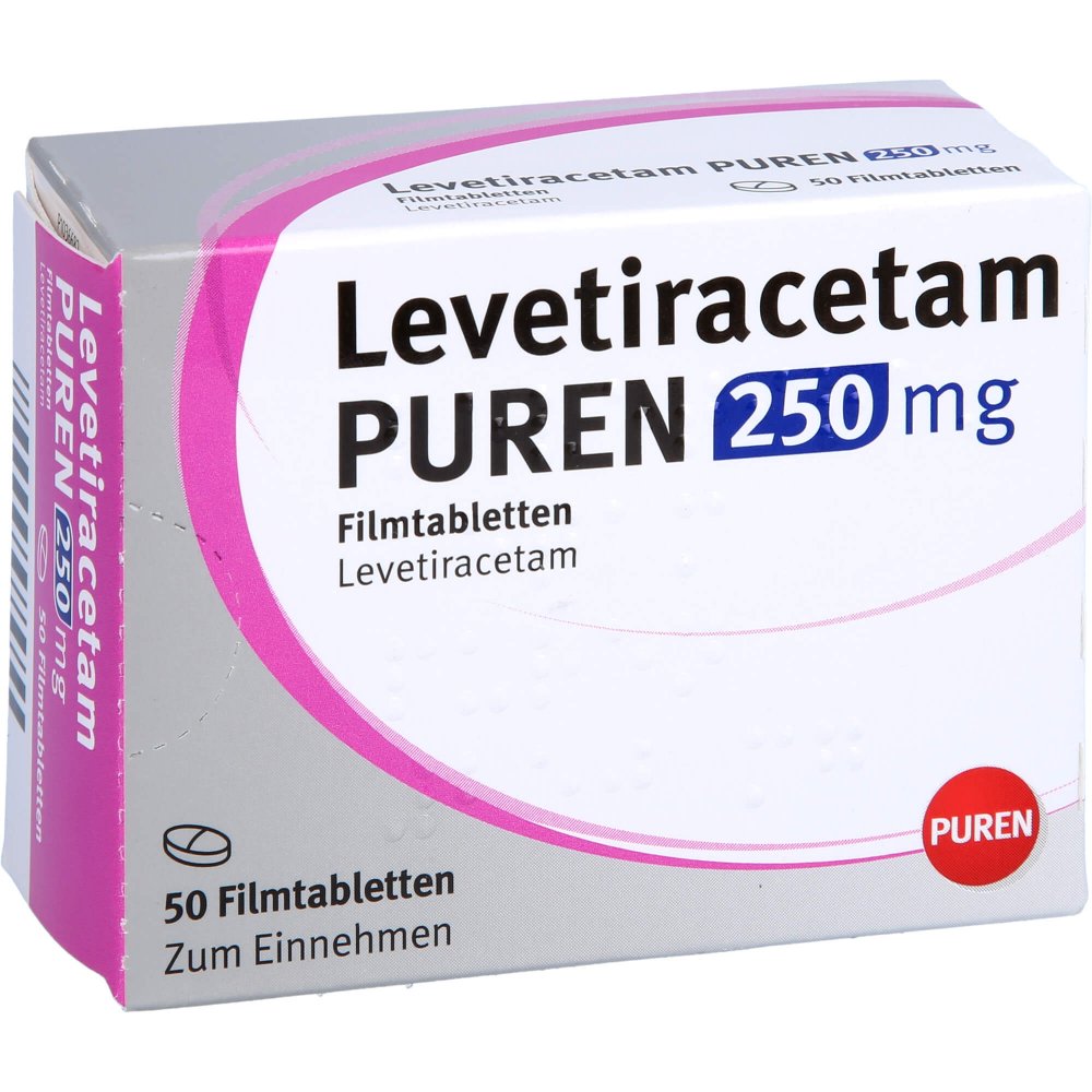 Das Produktfoto zeigt Levetiracetam Puren 250 Mg Filmtabletten (50 stk) PZN 12532038