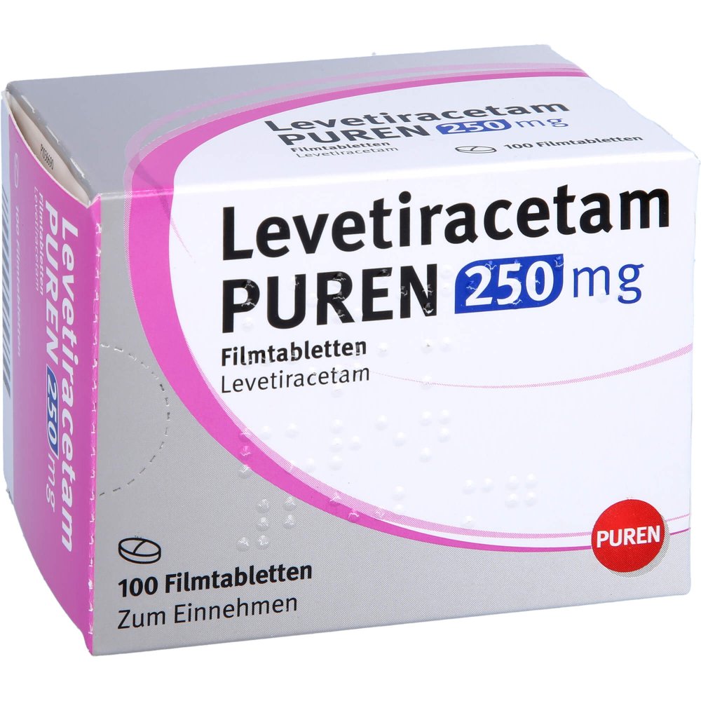 Das Produktfoto zeigt Levetiracetam Puren 250 Mg Filmtabletten (100 stk) PZN 12532044