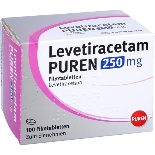 Das Produktfoto zeigt Levetiracetam Puren 250 Mg Filmtabletten (100 stk) PZN 12532044