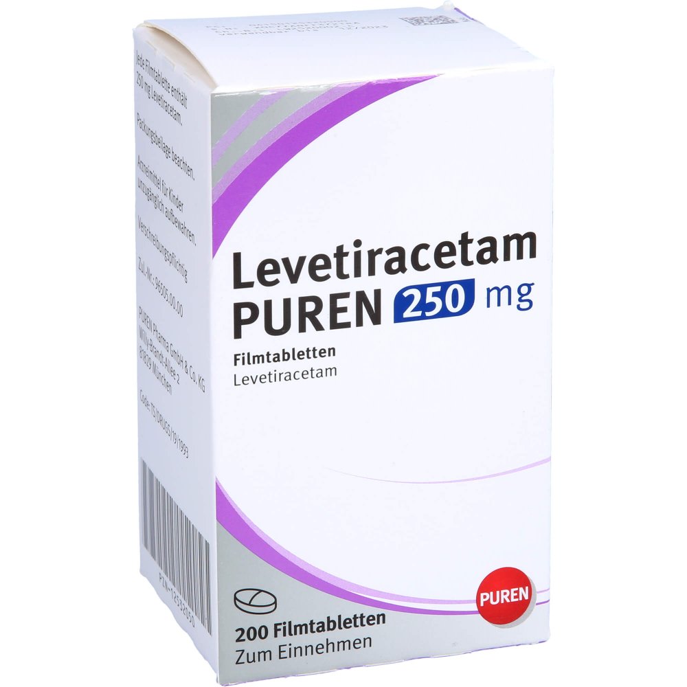 Das Produktfoto zeigt Levetiracetam Puren 250 Mg Filmtabletten (200 stk) PZN 12532050