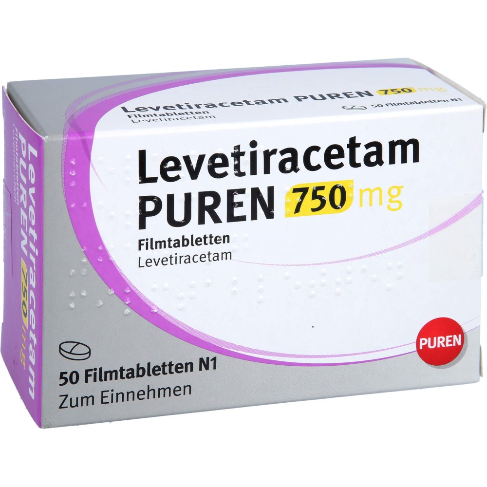 Das Produktfoto zeigt Levetiracetam Puren 750 Mg Filmtabletten (50 stk) PZN 12532104