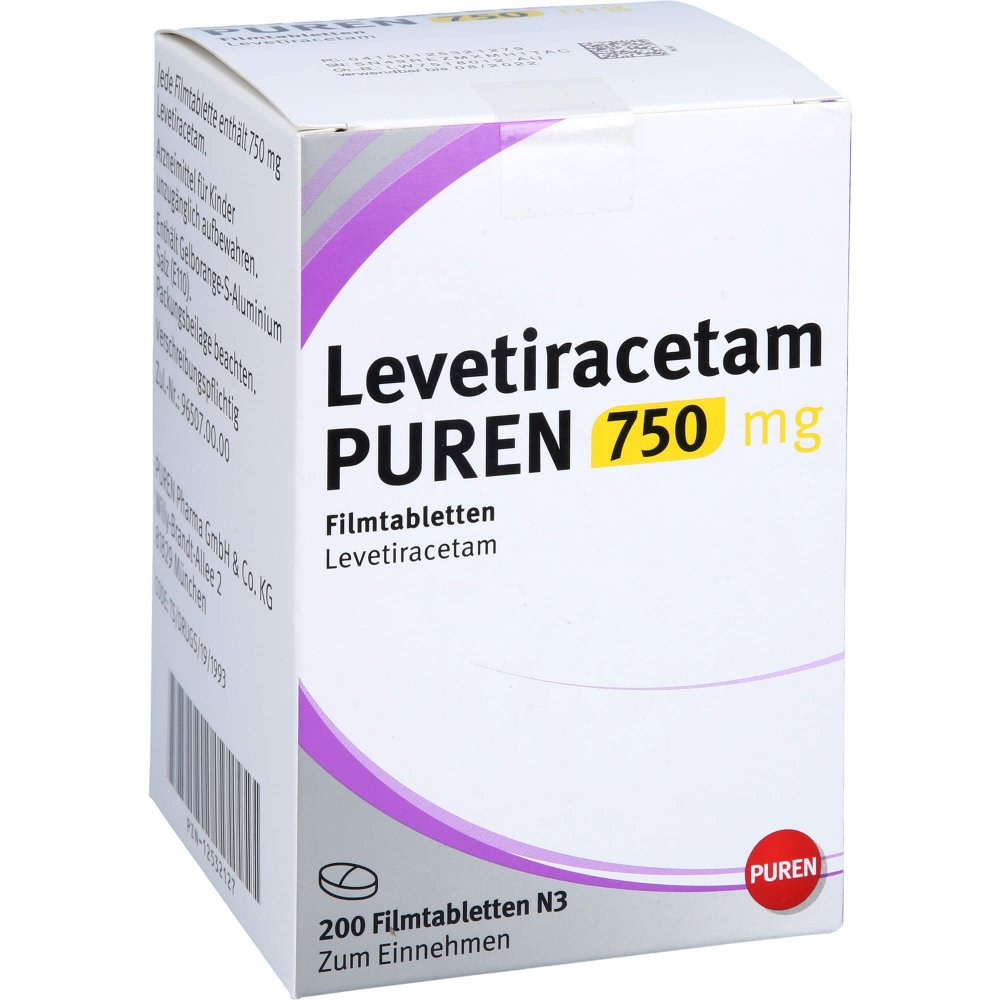 Das Produktfoto zeigt Levetiracetam Puren 750 Mg Filmtabletten (200 stk) PZN 12532127