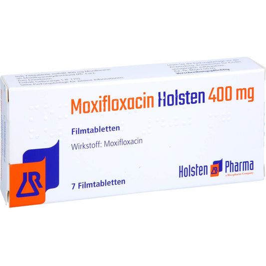 Das Produktfoto zeigt Moxifloxacin Holsten 400 Mg Filmtabletten (7 stk) PZN 12537975