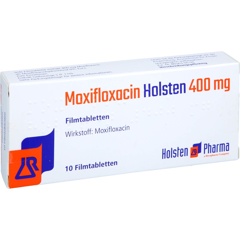 Das Produktfoto zeigt Moxifloxacin Holsten 400 Mg Filmtabletten (10 stk) PZN 12537998