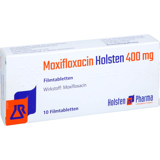 Das Produktfoto zeigt Moxifloxacin Holsten 400 Mg Filmtabletten (10 stk) PZN 12537998