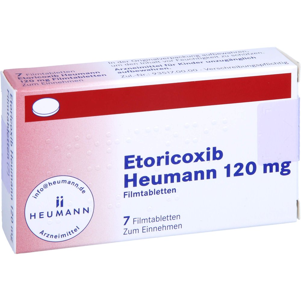 Das Produktfoto zeigt Etoricoxib Heumann 120 Mg Filmtabletten (7 stk) PZN 12545182