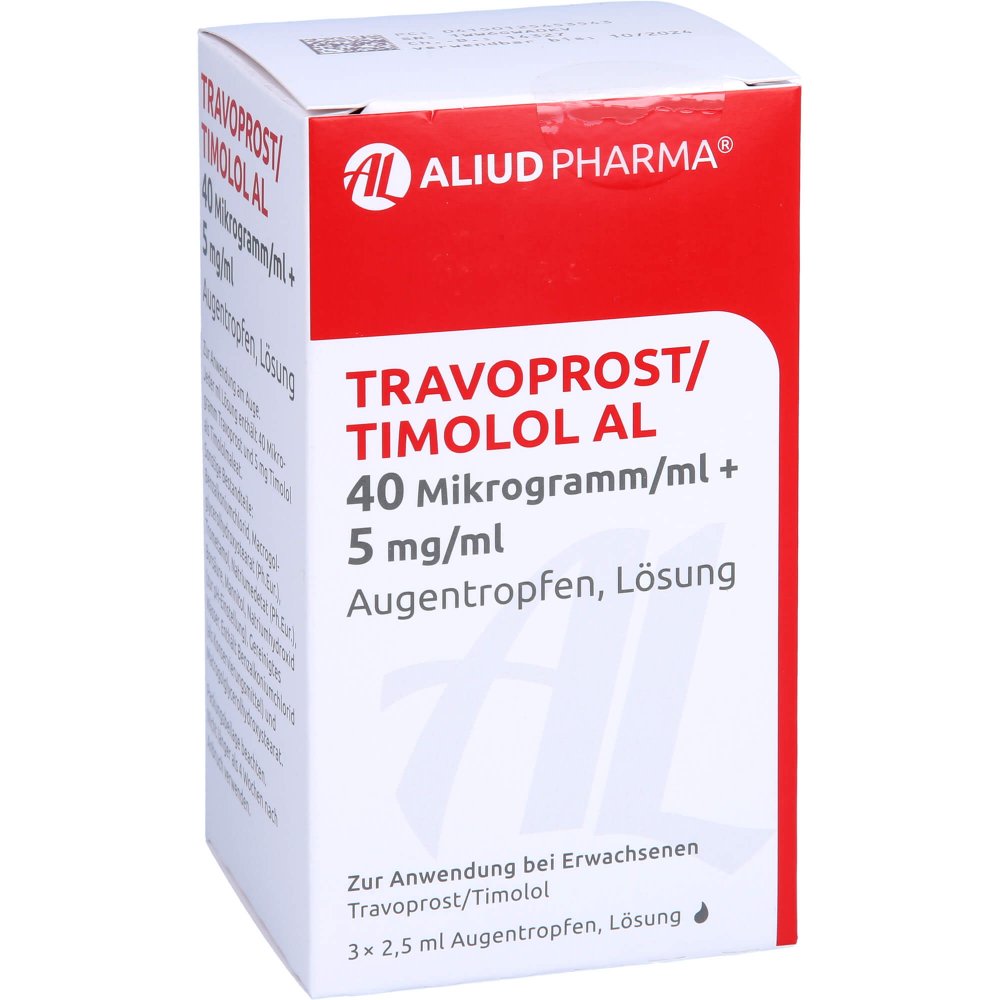 Das Produktfoto zeigt Travoprost/Timolol Al 40 Μg/Ml + 5 Mg/Ml Augentr. (3X2.5 ml) PZN 12545354