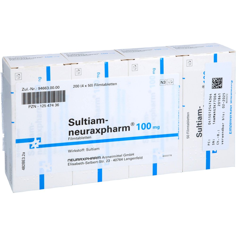 Das Produktfoto zeigt Sultiam-Neuraxpharm 100 Mg Filmtabletten (200 stk) PZN 12547436