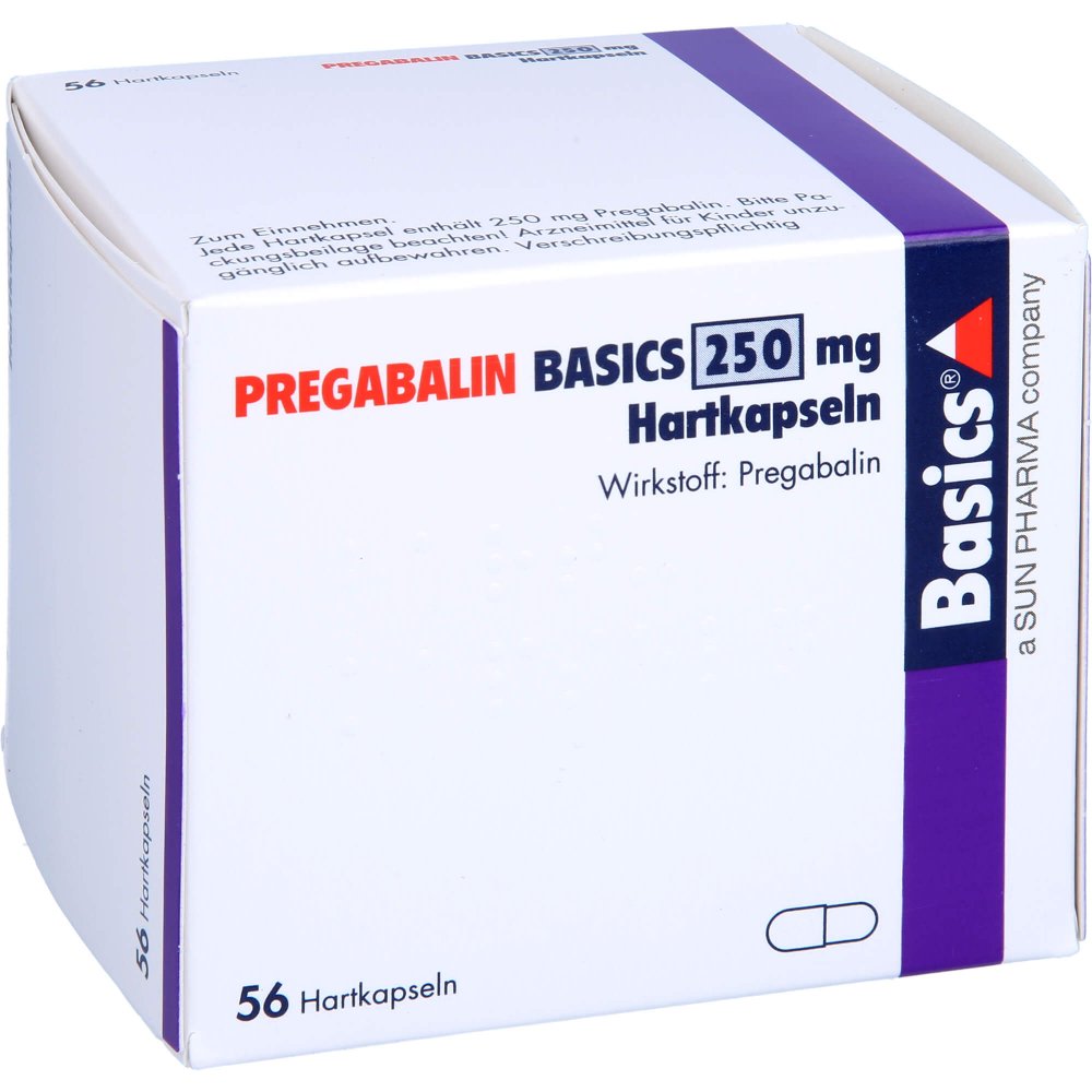 Das Produktfoto zeigt Pregabalin Basics 250 Mg Hartkapseln (56 stk) PZN 12548542
