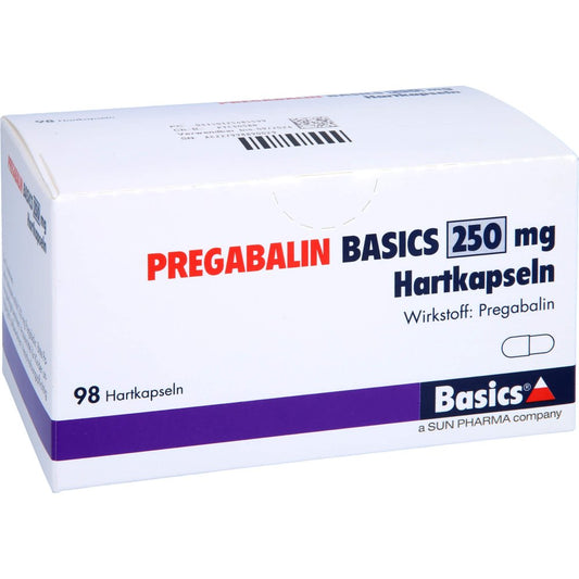 Das Produktfoto zeigt Pregabalin Basics 250 Mg Hartkapseln (98 stk) PZN 12548559