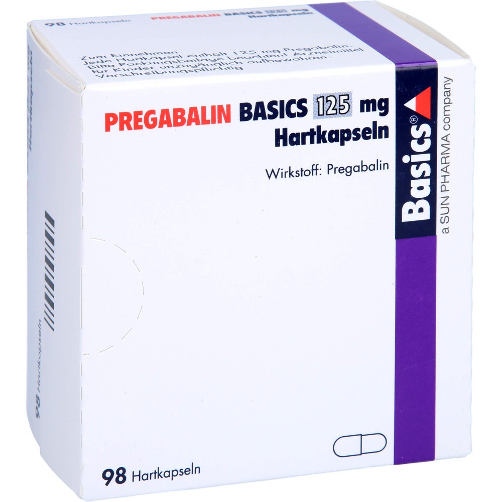 Das Produktfoto zeigt Pregabalin Basics 125 Mg Hartkapseln (98 stk) PZN 12548588