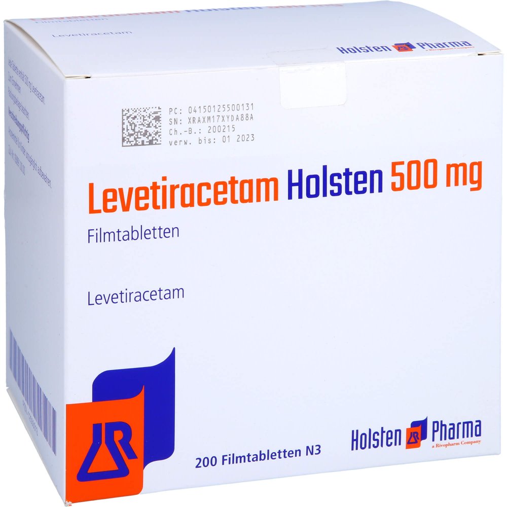 Das Produktfoto zeigt Levetiracetam Holsten 500 Mg Filmtabletten (200 stk) PZN 12550013