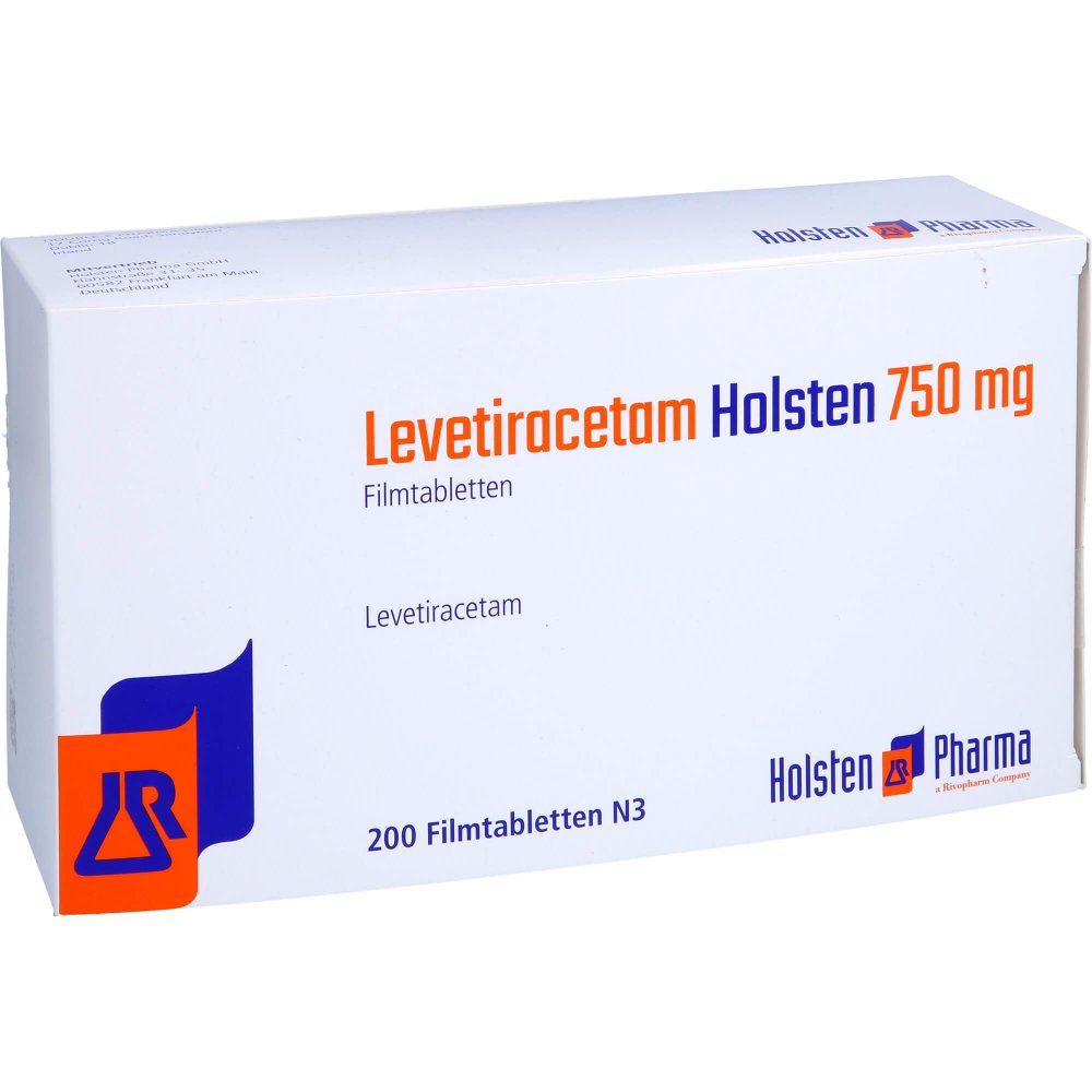 Das Produktfoto zeigt Levetiracetam Holsten 750 Mg Filmtabletten (200 stk) PZN 12550065