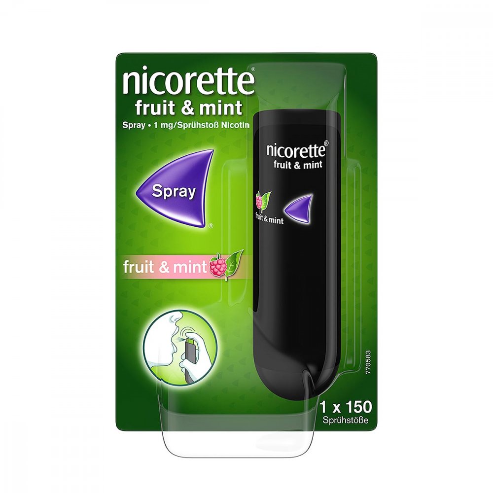 Das Produktfoto zeigt Nicorette Fruit & Mint Spray 1 Mg/Sprühstoß (1 stk) PZN 12552294