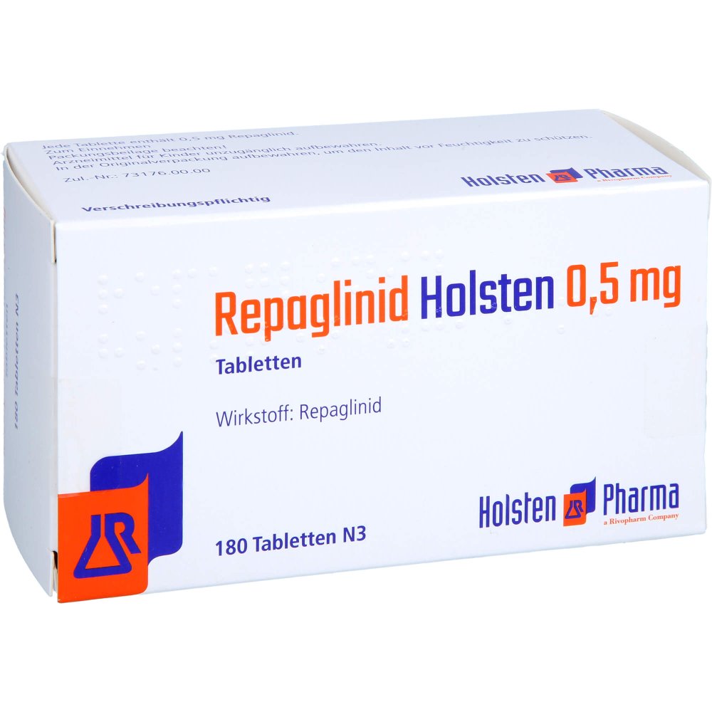 Das Produktfoto zeigt Repaglinid Holsten 0,5 Mg Tabletten (180 stk) PZN 12553247