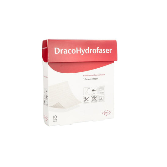 Das Produktfoto zeigt Dracohydrofaser 10x10 Cm Gelbildender Faserverband (10 stk) PZN 12554471