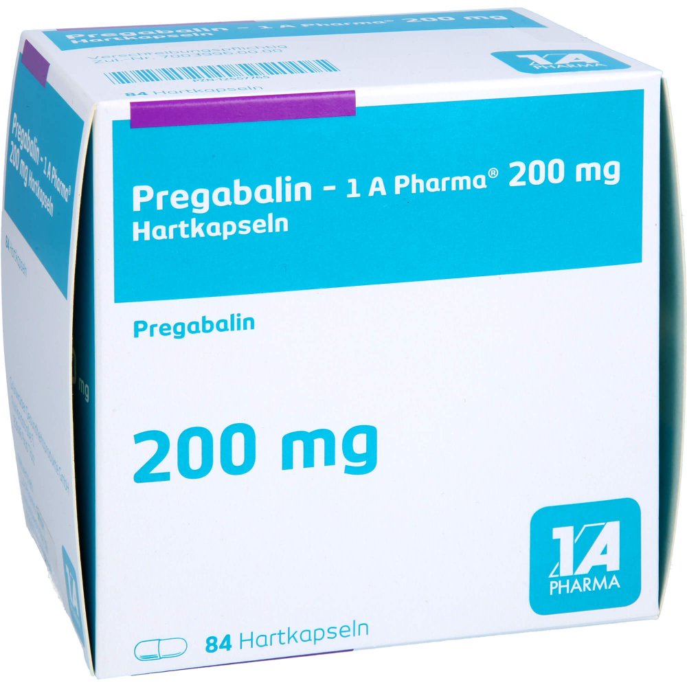 Das Produktfoto zeigt Pregabalin-1a Pharma 200 Mg Hartkapseln (84 stk) PZN 12557765