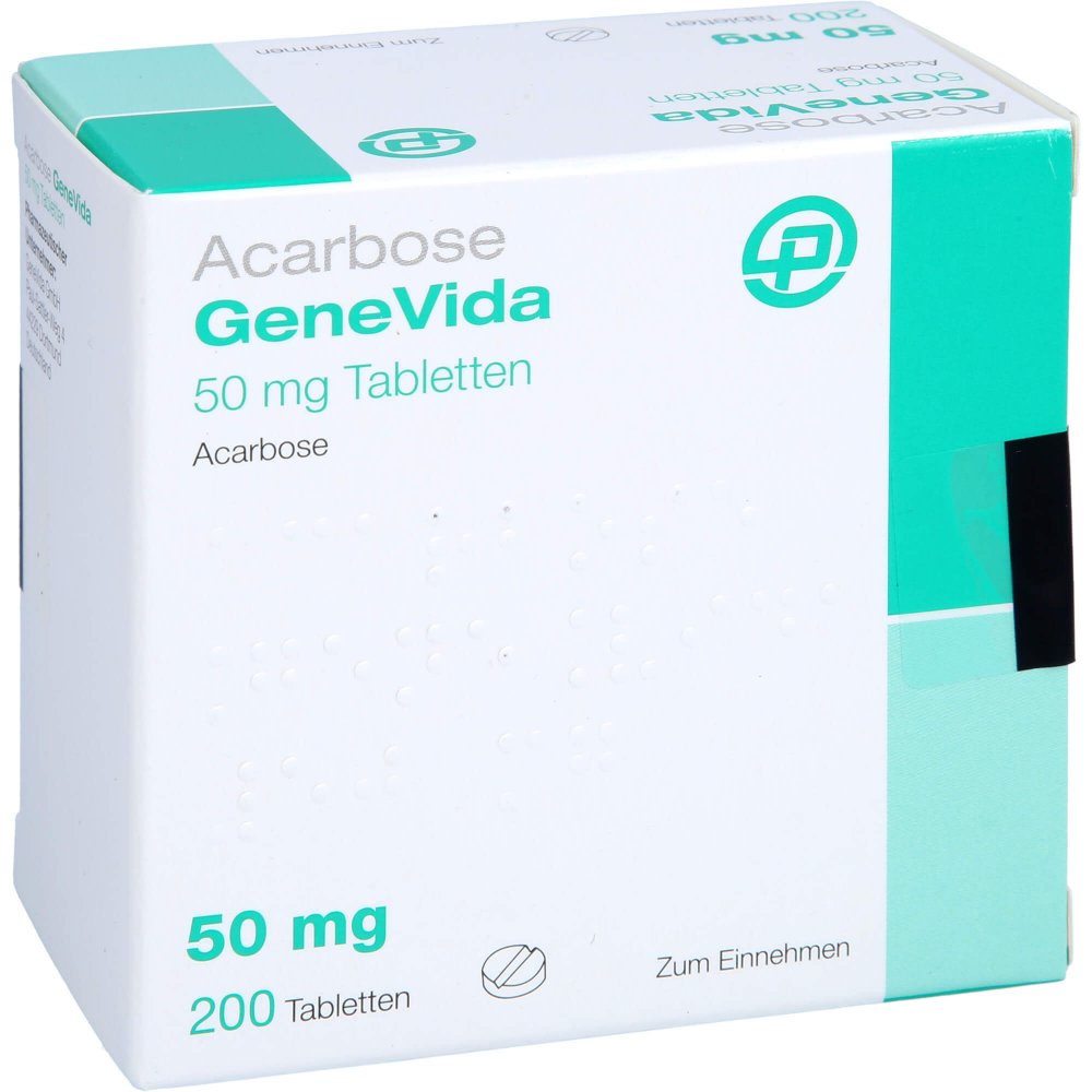 Das Produktfoto zeigt Acarbose Genevida 50 Mg Tabletten (200 stk) PZN 12559273