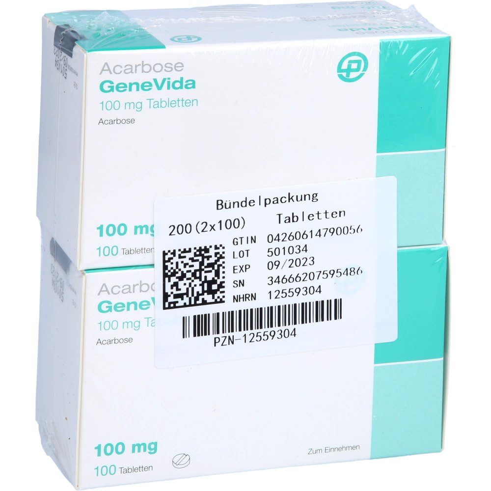 Das Produktfoto zeigt Acarbose Genevida 100 Mg Tabletten (200 stk) PZN 12559304