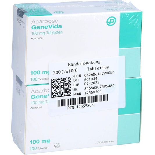 Das Produktfoto zeigt Acarbose Genevida 100 Mg Tabletten (200 stk) PZN 12559304
