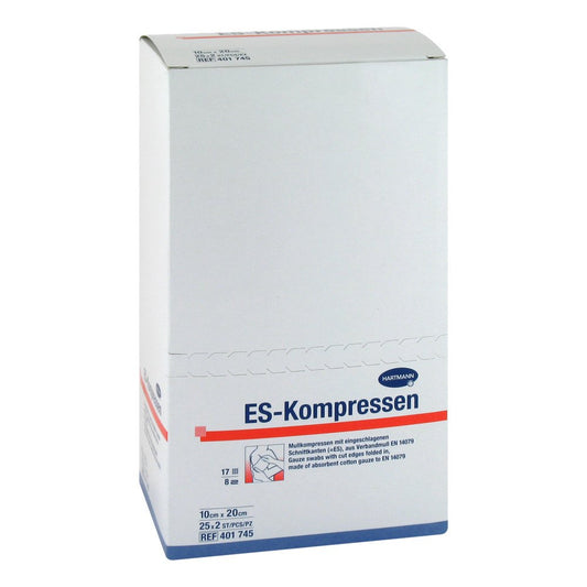 Das Produktfoto zeigt Es-Kompressen Steril 10x20 Cm 8fach (25X2 stk) PZN 12559505