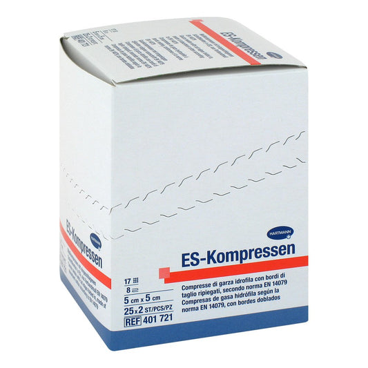 Das Produktfoto zeigt Es-Kompressen Steril 5x5 Cm 8fach (25X2 stk) PZN 12559528