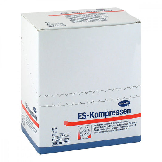 Das Produktfoto zeigt Es-Kompressen Steril 7,5x7,5 Cm 8fach (25X2 stk) PZN 12559557