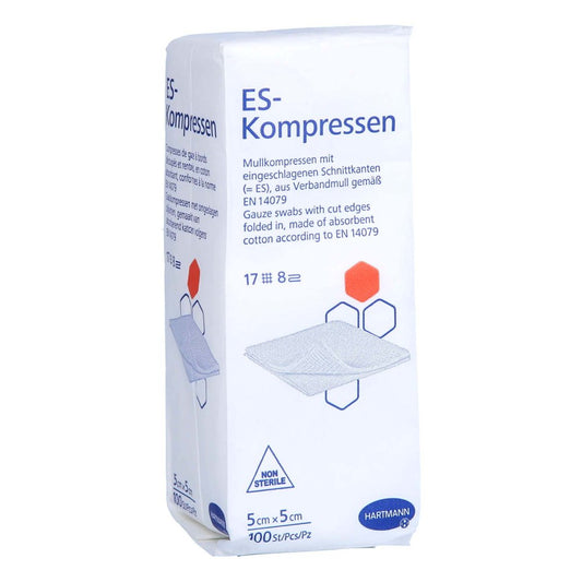Das Produktfoto zeigt Es-Kompressen Unsteril 5x5 Cm 8fach (100 stk) PZN 12559600
