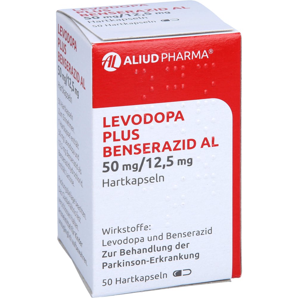 Das Produktfoto zeigt Levodopa Plus Benserazid Al 50 Mg/12,5 Mg Hartkps. (50 stk) PZN 12565724