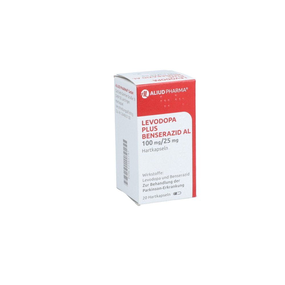 Das Produktfoto zeigt Levodopa Plus Benserazid Al 100 Mg/25 Mg Hartkaps. (20 stk) PZN 12565747