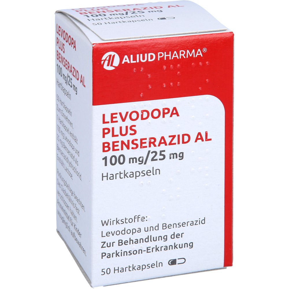 Das Produktfoto zeigt Levodopa Plus Benserazid Al 100 Mg/25 Mg Hartkaps. (50 stk) PZN 12565753