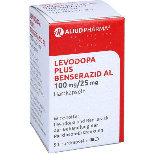 Das Produktfoto zeigt Levodopa Plus Benserazid Al 100 Mg/25 Mg Hartkaps. (50 stk) PZN 12565753