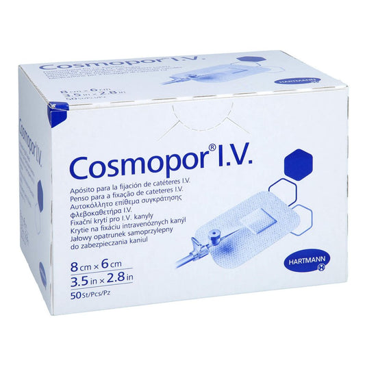Das Produktfoto zeigt Cosmopor I.V. Kanülenfixierverband 6x8 Cm (50 stk) PZN 12577673