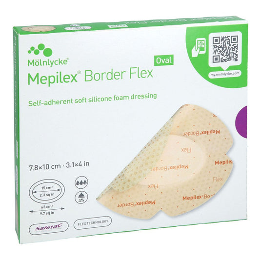 Das Produktfoto zeigt Mepilex Border Flex Schaumverb.Haft.7,8x10 Cm Oval (5 stk) PZN 12578253