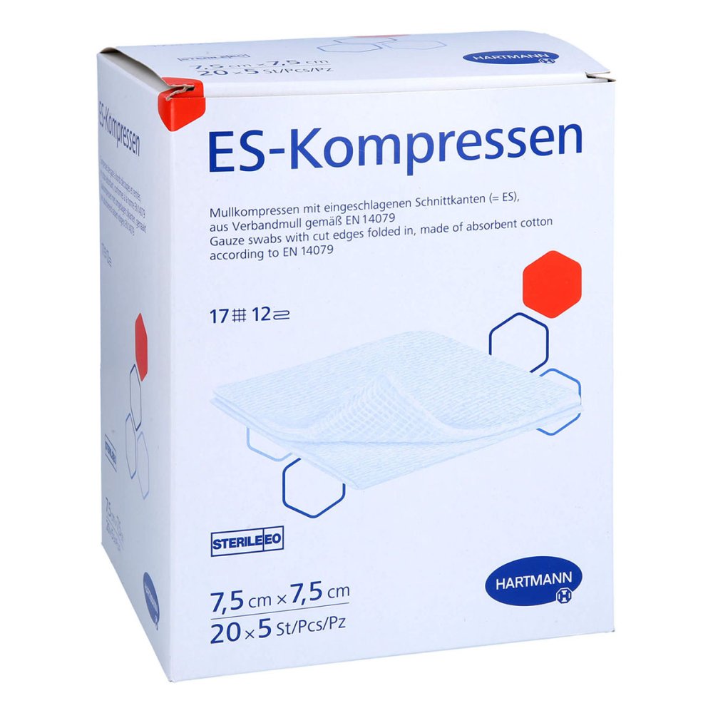 Das Produktfoto zeigt Es-Kompressen Steril 7,5x7,5 Cm Großpackung (20X5 stk) PZN 12579287