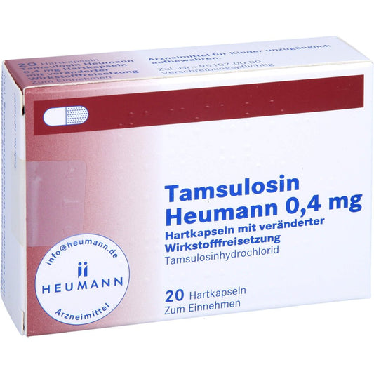 Das Produktfoto zeigt Tamsulosin Heumann 0,4 Mg Hartk.Verä.Wst.-Frs. (20 stk) PZN 12582148