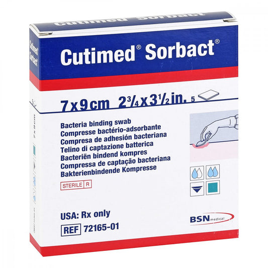 Das Produktfoto zeigt Cutimed Sorbact Kompressen 7x9 Cm (5 stk) PZN 12584584