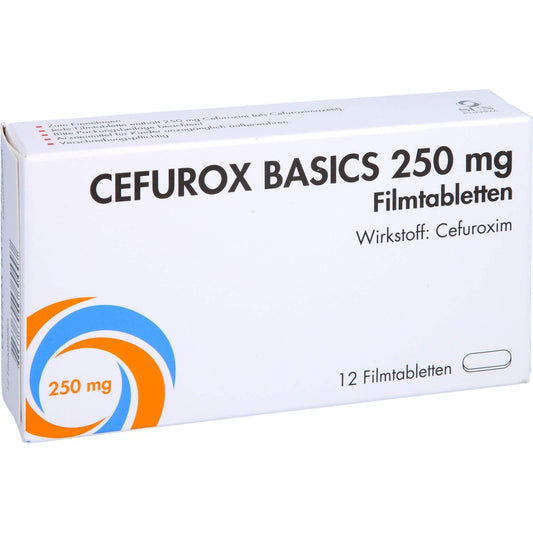 Das Produktfoto zeigt Cefurox Basics 250 Mg Filmtabletten Sun (12 stk) PZN 12585170