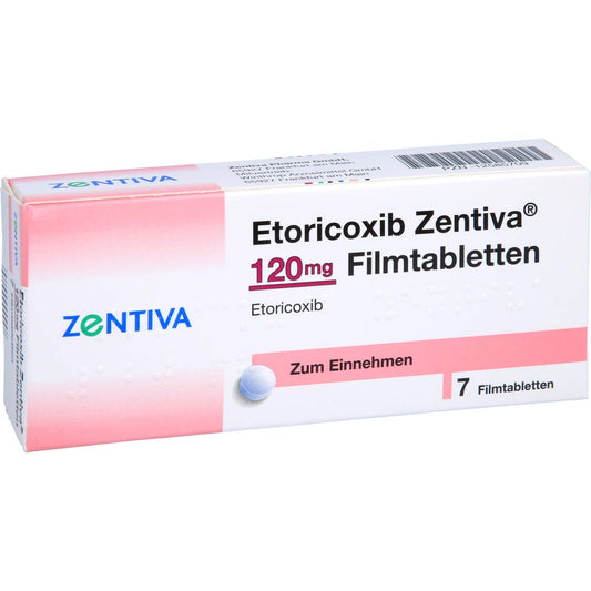 Das Produktfoto zeigt Etoricoxib Zentiva 120 Mg Filmtabletten (7 stk) PZN 12585709