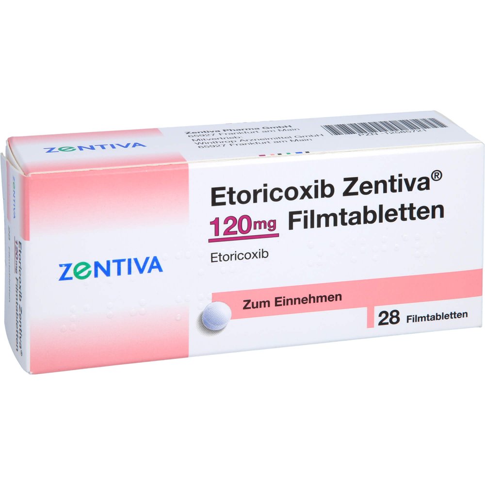 Das Produktfoto zeigt Etoricoxib Zentiva 120 Mg Filmtabletten (28 stk) PZN 12585721