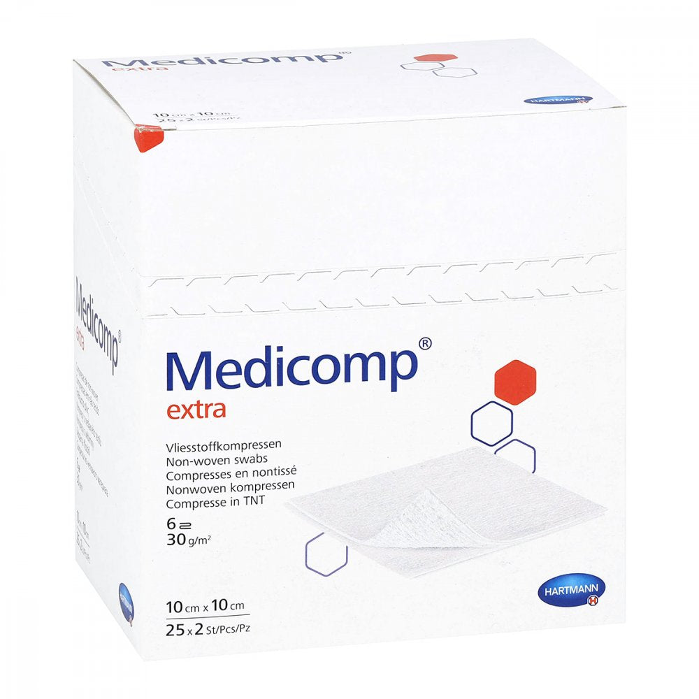 Das Produktfoto zeigt Medicomp Extra Vlieskomp.Steril 10x10 Cm 6fach (25X2 stk) PZN 12593815