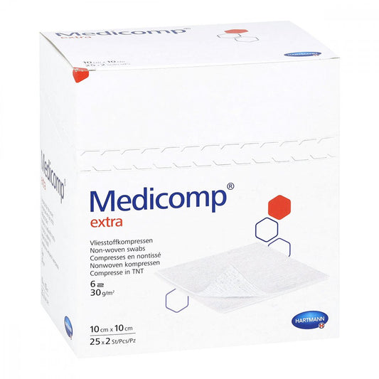 Das Produktfoto zeigt Medicomp Extra Vlieskomp.Steril 10x10 Cm 6fach (25X2 stk) PZN 12593815