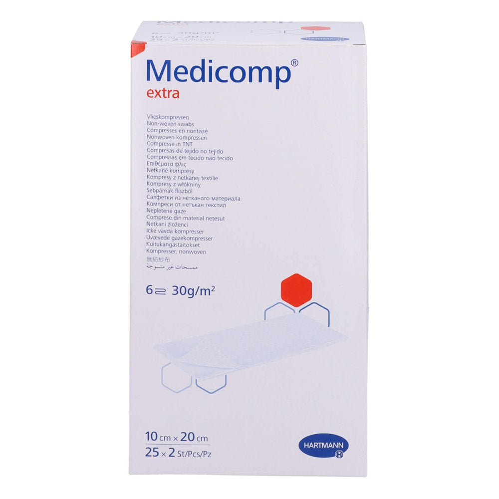 Das Produktfoto zeigt Medicomp Extra Vlieskomp.Steril 10x20 Cm 6fach (25X2 stk) PZN 12593838
