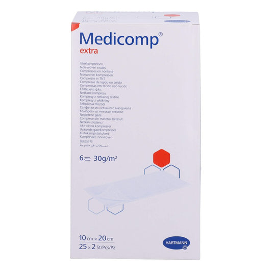 Das Produktfoto zeigt Medicomp Extra Vlieskomp.Steril 10x20 Cm 6fach (25X2 stk) PZN 12593838