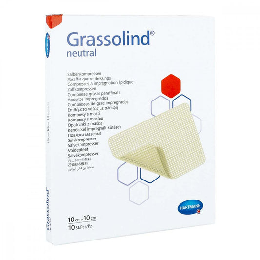 Das Produktfoto zeigt Grassolind Salbenkompressen 10x10 Cm Steril (10 stk) PZN 12594105