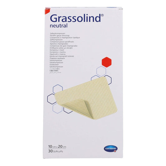 Das Produktfoto zeigt Grassolind Salbenkompressen 10x20 Cm Steril (30 stk) PZN 12594128