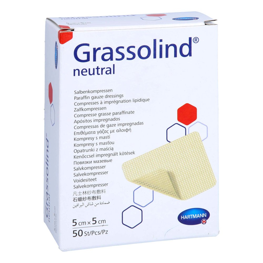 Das Produktfoto zeigt Grassolind Salbenkompressen 5x5 Cm Steril (50 stk) PZN 12594140