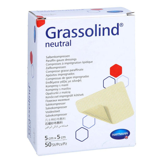 Das Produktfoto zeigt Grassolind Salbenkompressen 5x5 Cm Steril (50 stk) PZN 12594140