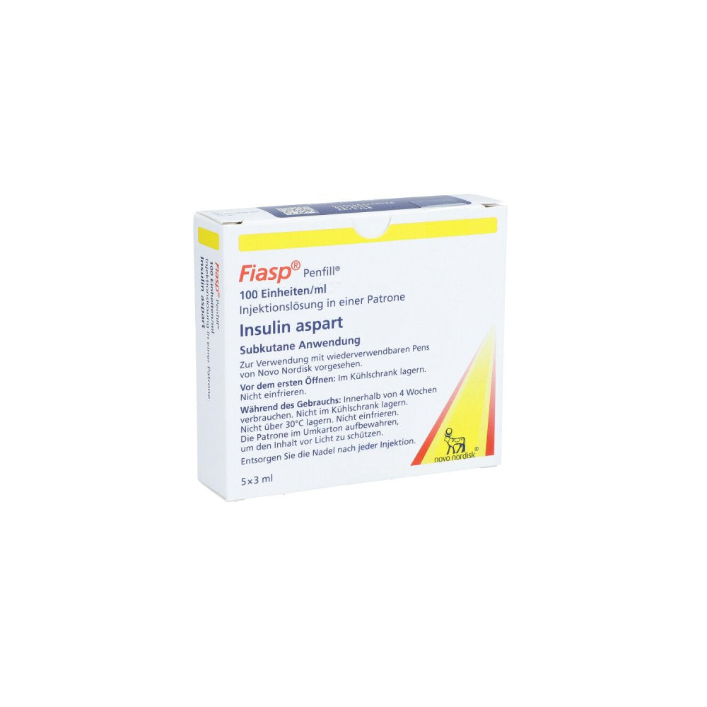 Das Produktfoto zeigt Fiasp 100 E/Ml Penfill Inj.-Lsg.In Patrone (5X3 ml) PZN 12595168